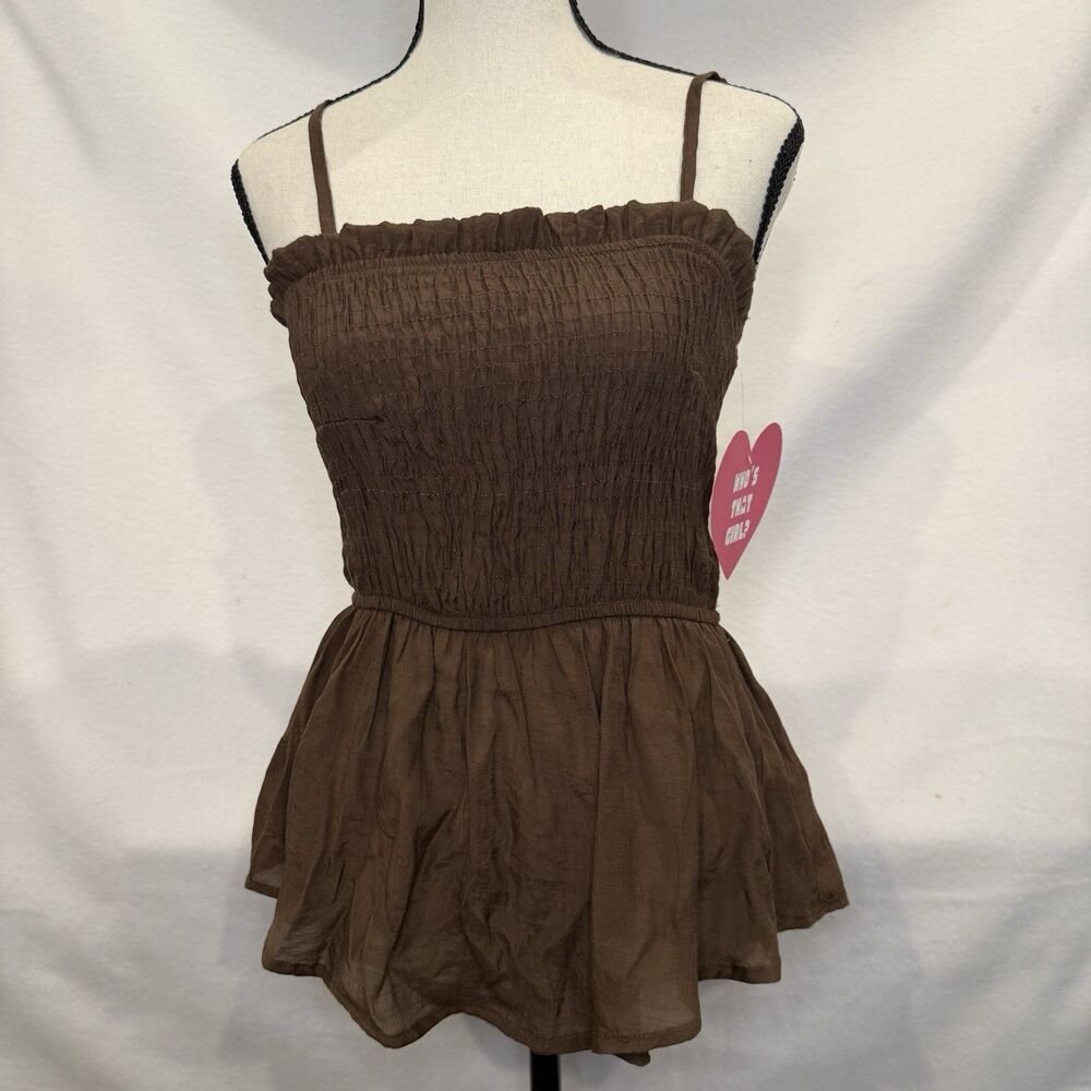 Smocked Peplum Cami Women‎ Size M Brown Linen Blend Boho Tank Top Earthy Neutral